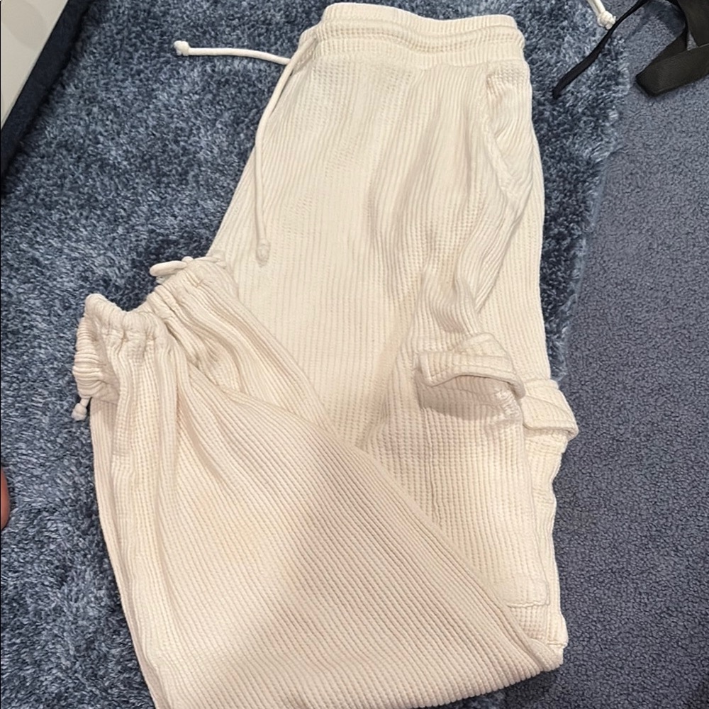 Cream Drawstring Waffle Knit Pants